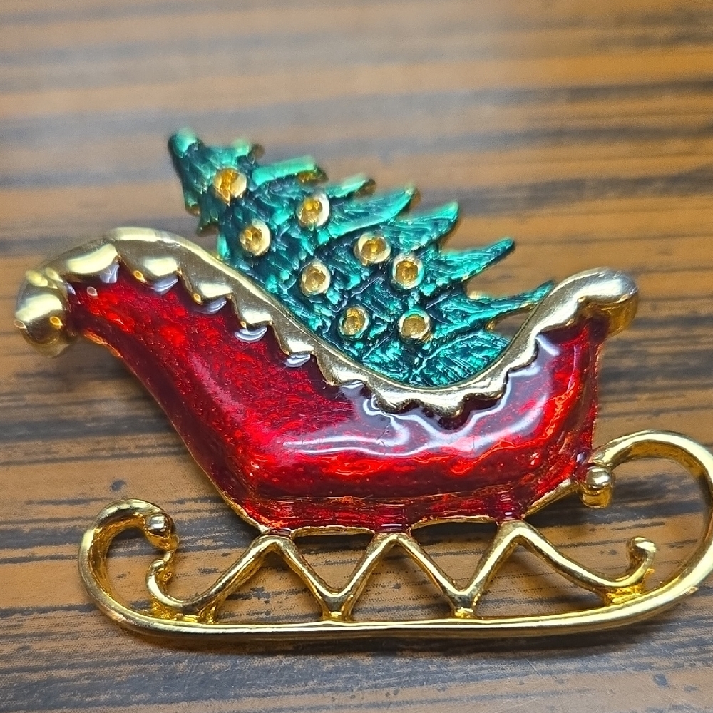 Festive Red and Green Sleigh Brooch